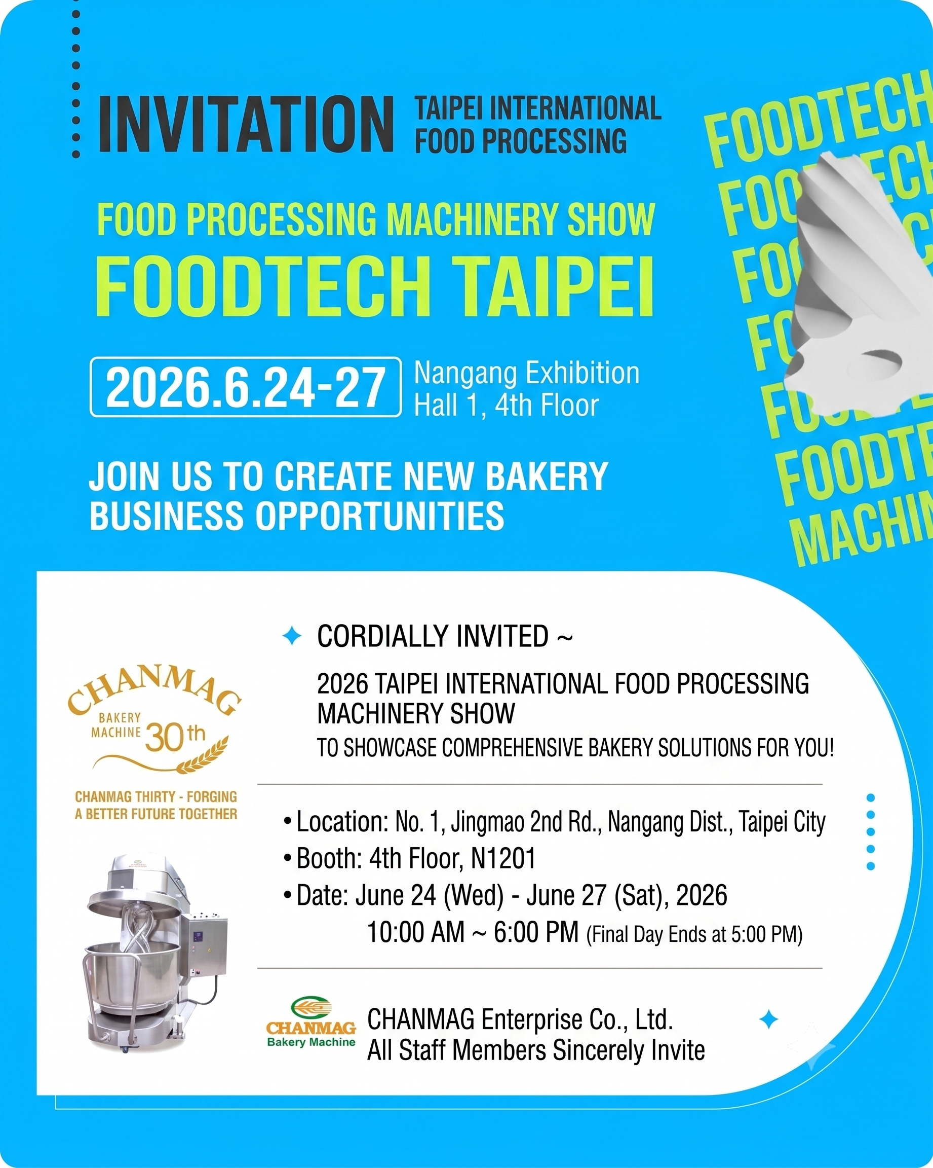Heading to FOODTECH TAIPEI! CHANMAG Showcases Complete Baking Solutions